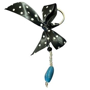 Handmade Polka Dot Bow Keychain with Blue accent  Bead